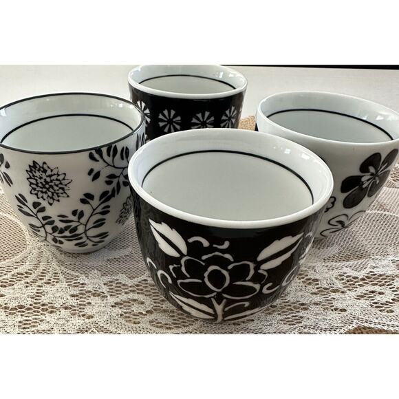 PIER 1 Imports Akin Sake Tea Cups Black White Floral set of 4 - Picture 1 of 11